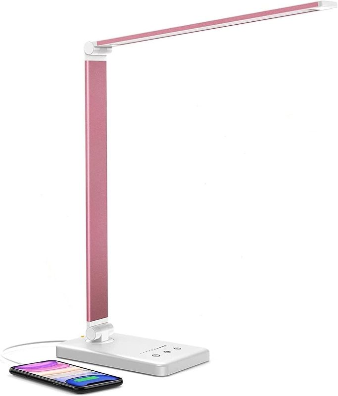 Photo 1 of White crown LED Desk Lamp Dimmable Table Lamp Reading Lamp with USB Charging Port, 5 Lighting Modes, Sensitive Control, 30/60 Minutes Auto-Off Timer, Eye-Caring Office Lamp (Pink)