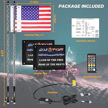 Photo 4 of Omotor 1pcs 4ft LED Whip Lights with Bluetooth and Remote Control Spiral RGB Chase Light Gadsden Flag Offroad 360°Spiraling Rising Dream Wrapped Dancing Whips 1pcs 4ft Double flag