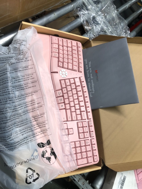 Photo 2 of MEETION Ergonomic Keyboard, Split Wireless Keyboard with Cushioned Wrist, Palm Rest, Curved, Natural Typing Full Size Rechargeable Keyboard with USB-C Adapter for PC/Computer/Laptop/Windows/Mac, Pink