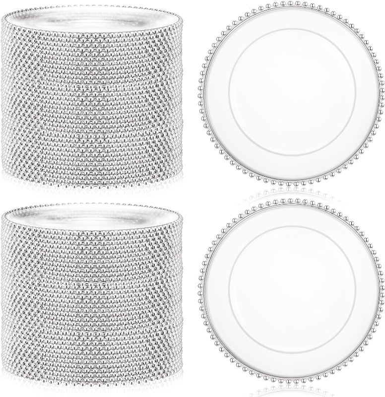 Photo 1 of 100 Pcs Clear Round Charger Plates 13 Inch Plastic Dinner Charger Plates Decorative Charger Service Plates with Beaded Rim for Wedding Birthday Party Events Dinner Table Decoration (Silver)
