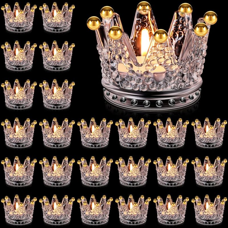 Photo 1 of 24 Pcs Clear Votives Crown Candle Holders Glass Crown Tealight Candle Holders Bulk Candlestick for Tables Centerpieces Wedding Party Decoration (Gold Bead Style)