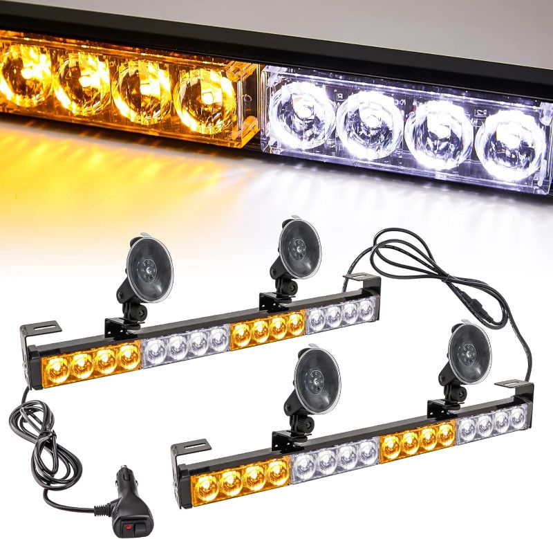 Photo 1 of LE-JX 35.5 Inch Amber/White LED Traffic Advisor Light Bar + 2 in 1 Emergency Warning Strobe Safety Light Bar with Cigar Lighter (2×16.8 inch, 32 Led)