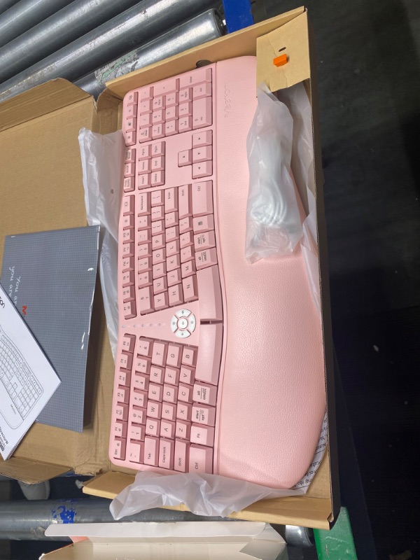 Photo 3 of MEETION Ergonomic Keyboard, Split Wireless Keyboard with Cushioned Wrist, Palm Rest, Curved, Natural Typing Full Size Rechargeable Keyboard with USB-C Adapter for PC/Computer/Laptop/Windows/Mac, Pink