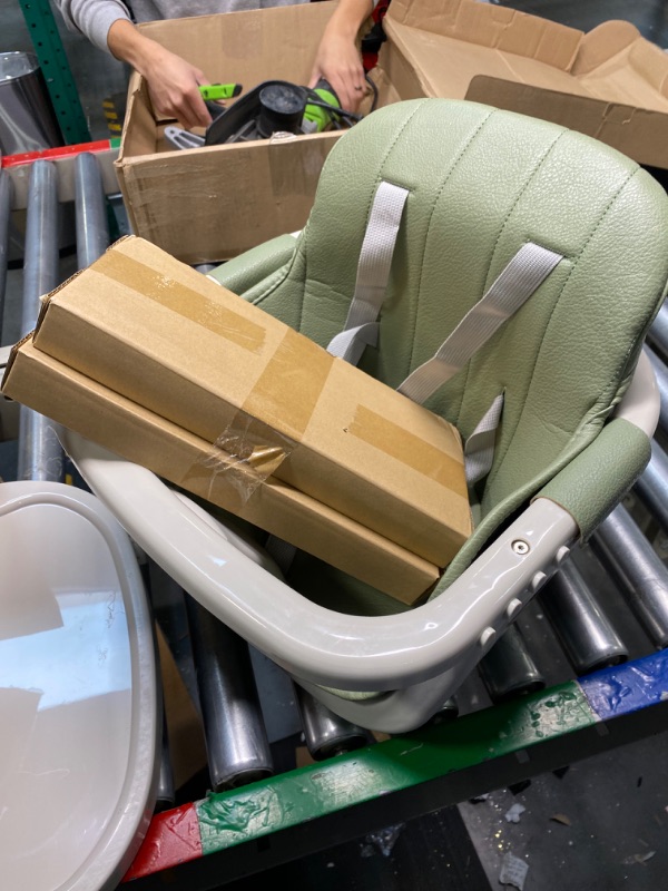 Photo 3 of 3-in-1 Convertible Wooden High Chair,Baby High Chair with Adjustable Legs & Dishwasher Safe Tray, Made of Sleek Hardwood & Premium Leatherette, Green Color Moss Green