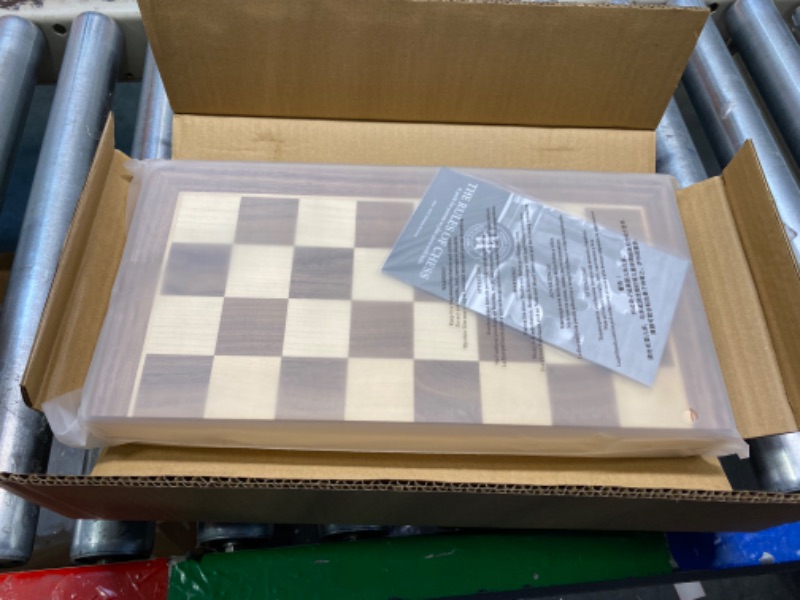 Photo 3 of A&A 15" Magnetic Wooden Chess Set/Folding Board / 3" King Height German Knight Staunton Chess Pieces/Walnut & Maple Inlaid /2 Extra Queen Magnetic/Walnut Inlay