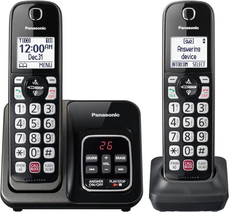 Photo 1 of Panasonic Cordless Phone with Answering Machine, Call Block, Bilingual Caller ID, High-Contrast Display, 2 Handsets - Metallic Black
