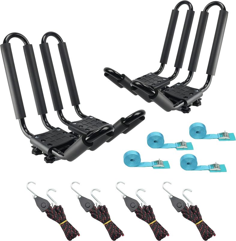 Photo 1 of 2 Pairs Heavy Duty Kayak Rack-Includes 4 Pcs Ratchet Tie-Mount on Car Roof Top Crossbar-Easy to Carry Kayak Canoe Boat Surf Ski (J-Bar Rack)
