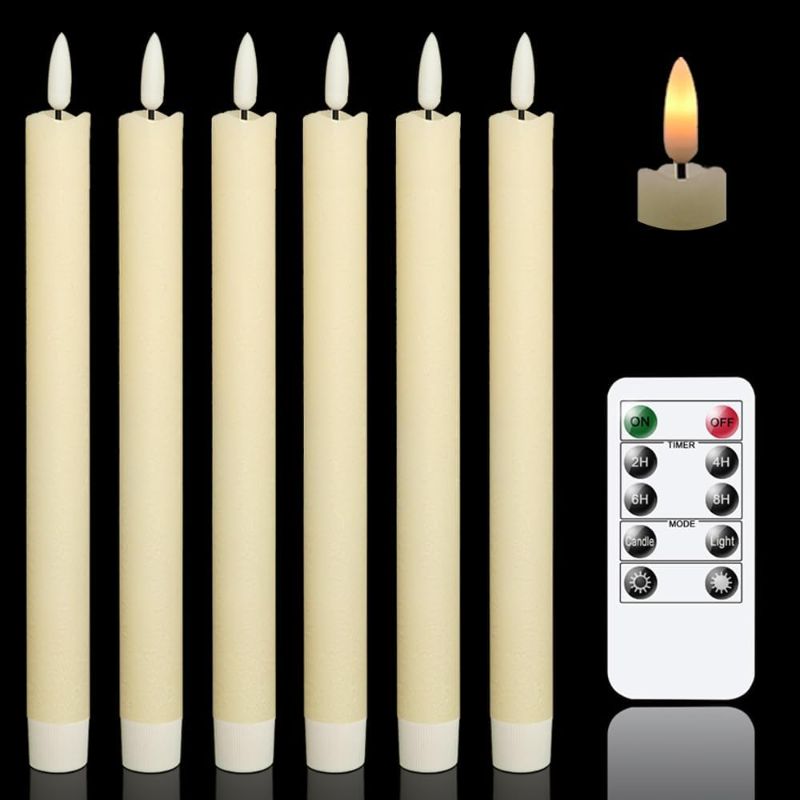 Photo 1 of GenSwin Flameless Ivory Taper Candles Flickering with 10-Key Remote, Battery Operated Led Warm 3D Wick Light Window Candles Real Wax Pack of 6, Christmas Home Wedding Decor(0.78 X 9.64 Inch)
