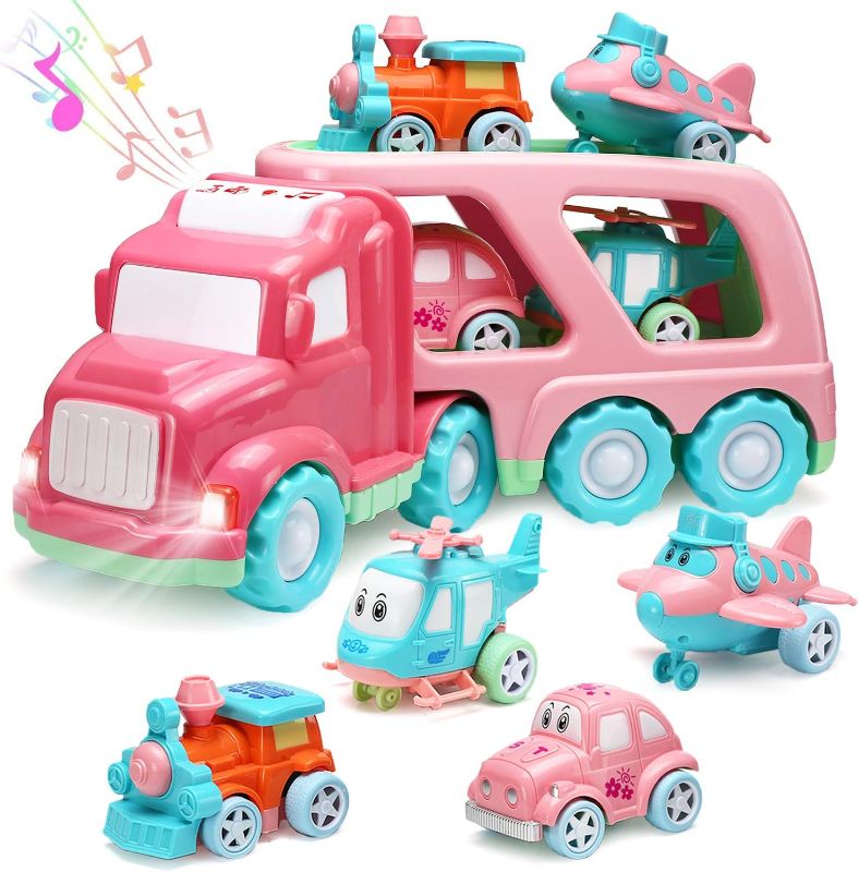 Photo 1 of Carrier Car Toy Set(5 in 1) with Lights and Sounds, Pink Toy for Girl Toddler Kid, Friction Powered Double Layer Transport Truck with Cartoon Vehicles, Child Play Birthday Gift Christmas Party Favors
