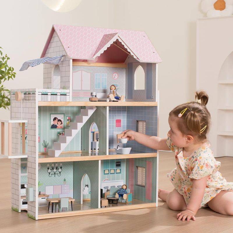 Photo 1 of Giant bean Wooden Dollhouse 2.6 feet High with Elevator, Doorbell, Light,15 Pieces Furnitures and 3 Dolls, Toy Gift for Girls Ages 3-7+
