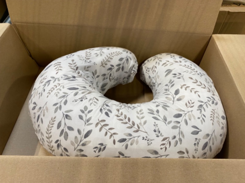 Photo 1 of Boppy Original Support Nursing Pillow, Gray Taupe Leaves, Ergonomic Breastfeeding, Bottle Feeding, and Bonding, Firm Hypoallergenic Fiber Fill, Removable Cover, Machine Washable