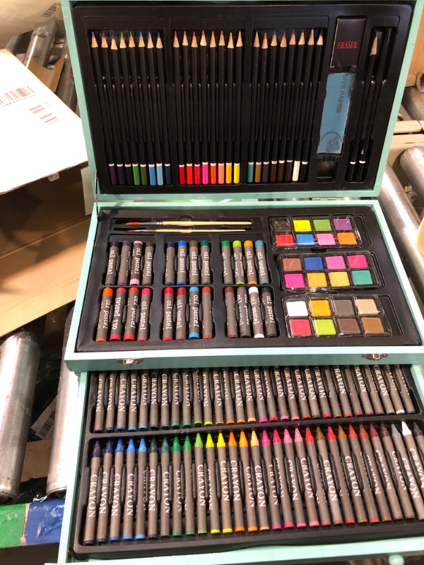 Photo 4 of Sunnyglade 145 Piece Deluxe Art Set, Wooden Art Box & Drawing Kit with Crayons, Oil Pastels, Colored Pencils, Watercolor Cakes, Sketch Pencils, Paint Brush, Sharpener, Eraser, Color Chart (Green)