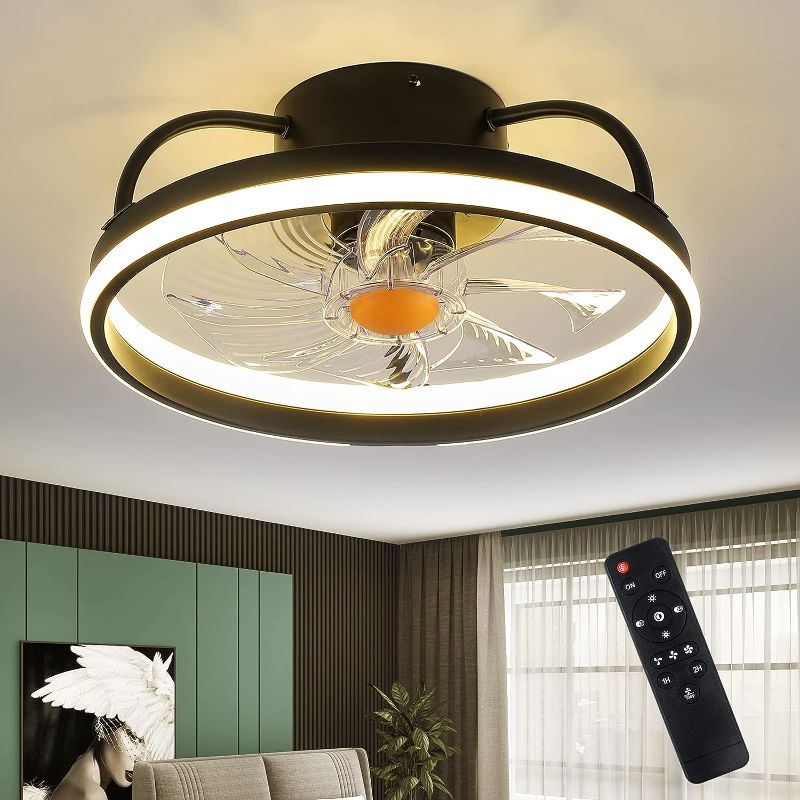 Photo 1 of *** FOR PARTS NEEDS NEW BLADES**  Mpayel Flush Mount Ceiling Fans with Lights and Remote Control?Modern Enclosed Bladeless Ceiling Fans,15'' Low Profile Ceiling Fan with Stepless Dimming Lighting Fixture for Bedroom Kitchen?Black? Black-3