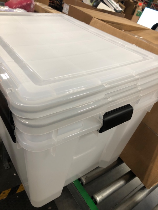 Photo 2 of IRIS USA 74 Quart WEATHERPRO Plastic Storage Box with Durable Lid and Seal and Secure Latching Buckles, Weathertight, Clear with Black Buckles, 2 Pack, 585449 74 Qt. - 2 Pack ***Damaged tops