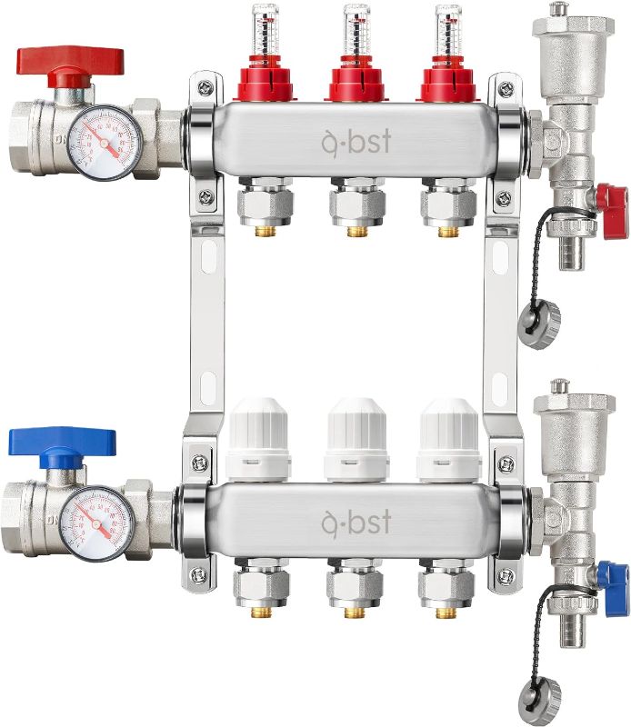 Photo 1 of 3 Loop Radiant Heat PEX Manifold Set Compatible with 1/2" PEX Tubing,ABST Floor Heating Manifold for PEX Hydronic Radiant Floor Heating (1/2" connectors Included)
