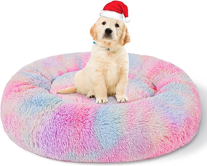 Photo 1 of **USED** Patas Lague Calming Dog Bed for Medium Dogs, Fluffy Soft Cozy Cat Bed, Faux Fur Anti-Anxiety Plush Donut Cuddler, Washable Pet Bed for All Seasons (24 in, Mixed Rainbow)
