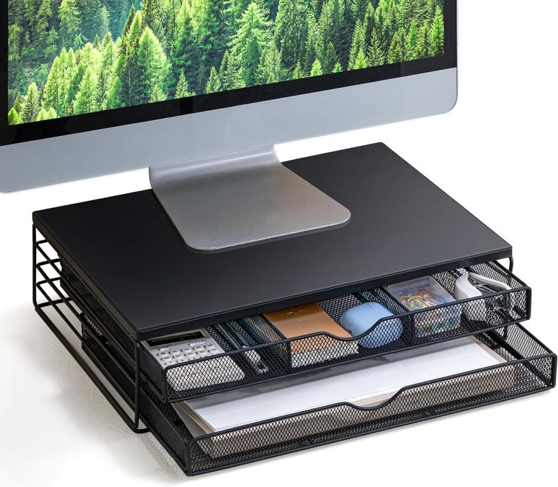 Photo 1 of ARCOBIS Wood Monitor Riser with Drawers, Mesh Metal Computer Monitor Stand Riser with Storage for Desk, Max Load Capacity 40LB, 2 Drawers, Black