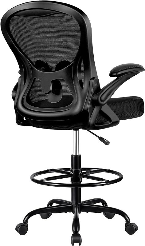 Photo 1 of Winrise Drafting Chair, Tall Office Chair Ergonomic Standing Desk Chair, Lumbar Support Computer Chair Swivel Task Rolling Chair with Adjustable Flip-up Armrests & Foot Ring (Black)