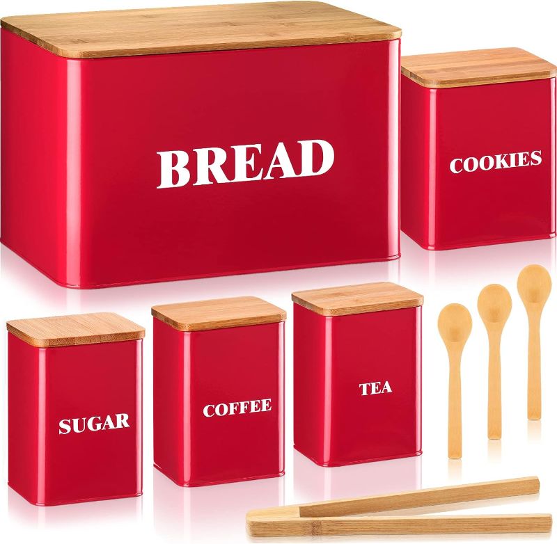 Photo 1 of Metal Bread Box Bin Storage Canister Tins, 4 Food Storage Container Bread Box Metal Farmhouse Country Decor Containers for Coffee Tea with Spoon and Tong 9 Pieces Kitchen Canister Set (Red)
