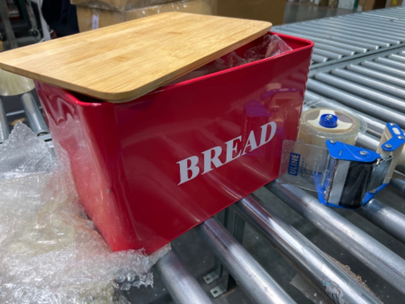 Photo 1 of Metal Bread Box Bin Storage Canister Tins, 4 Food Storage Container Bread Box Metal Farmhouse Country Decor Containers for Coffee Tea with Spoon and Tong 9 Pieces Kitchen Canister Set (Red)
