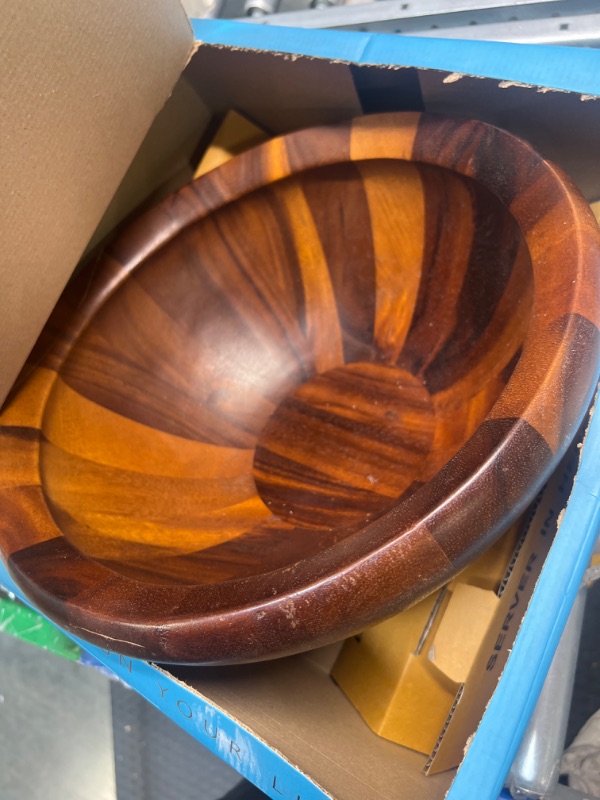 Photo 3 of ***DAMAGED****nambe Yaro Acacia Wood Salad Bowl NO Salad Servers | Made of Acacia wood and Nambe Alloy | Large Deep Wooden Bowls | Acacia Wood Salad Bowl Set | Designed by Sean O’hara