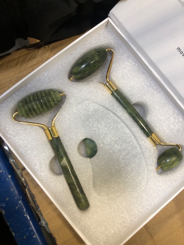 Photo 2 of 4-in-1 Jade Roller and Gua Sha Set. Jade Face Roller with Eye Massager, Jade Gua Sha, Ridged Roller Massager. Jade Roller For Face Real Jade 100% Jade Stone Roller. Warm Facial Massager or Ice Roller