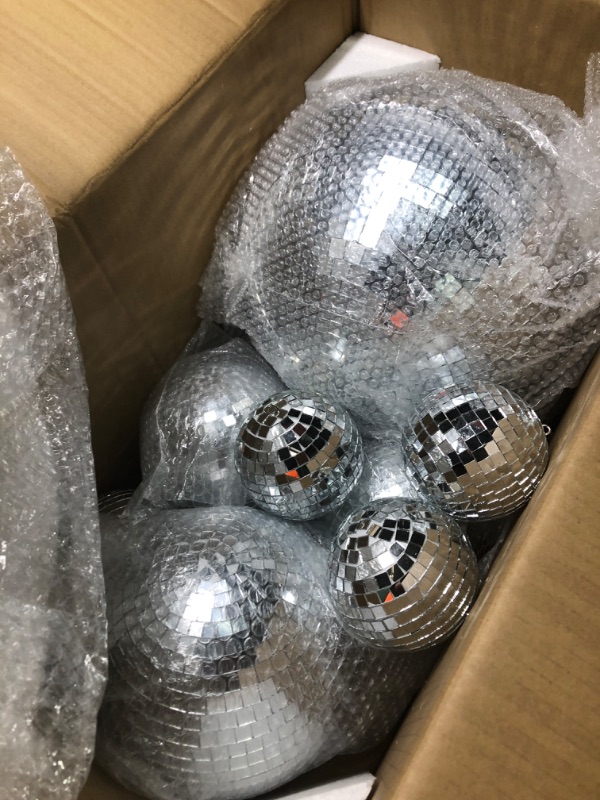 Photo 3 of 8 Pcs Large Disco Ball Set Silver Mirror Disco Balls Reflective Ball with Hanging Ring Party Hanging Ornament Decoration for Stage Club Ballroom Dance Hall Wedding Prom Props (12'', 8'', 6'', 4'')