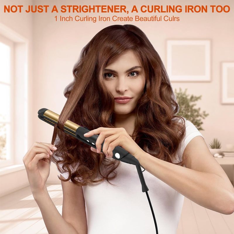 Photo 1 of 2 in 1 Hair Straightener,Clawdtop 1 Inch Flat Iron & Curling Wand with 4 Smooth Plates (HO Tech), Skin Friendly Paint, 5 Temps Setting(250-450?), 1H Auto Shut-Off, Dual Voltage,Anti Scalding Mat Black