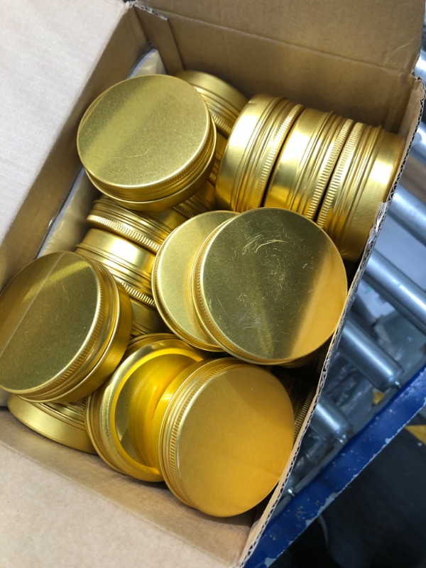 Photo 3 of 2 oz 72 pcs Metal Round Tins Aluminum Tin Cans Salve Tins Containers with Screw Lid 20 Sheets Stickers for Salve Spice Candies Balms Candles (Gold)