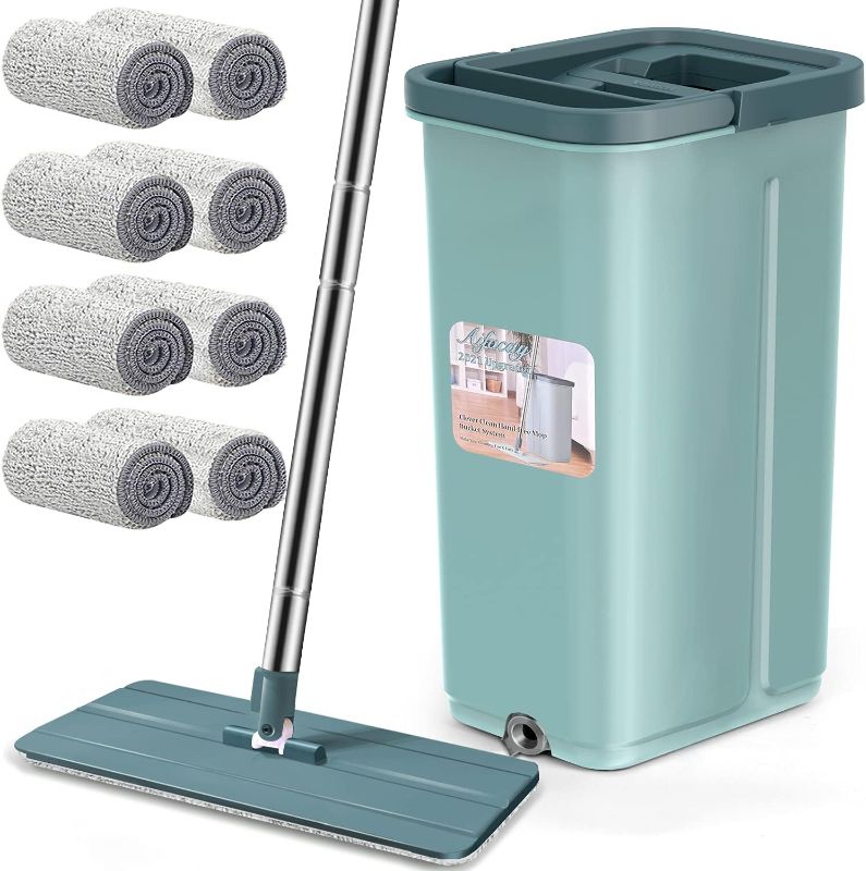 Photo 1 of Aifacay Floor Mop and Bucket Set, Flat Mop Bucket System 8 Reusable Microfiber Mop Pads Home Hardwood Mop and Bucket with Wringer Extended Stainless Steel Handle Mop for Wood, Vinyl

