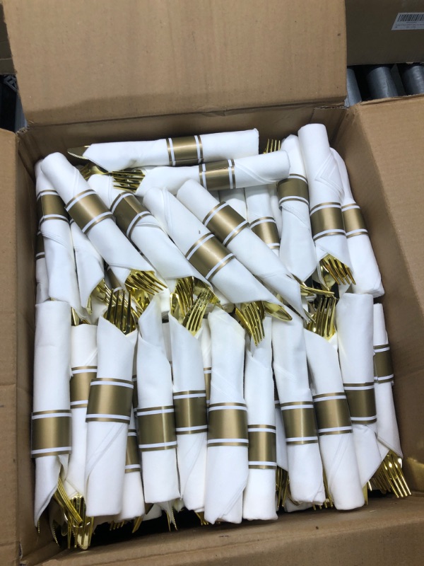 Photo 3 of 180 Pack Pre Wrapped Silverware and Napkin, Disposable Heavy Duty Silverware, Rolled Napkins With Silverware, Wrapped Plastic Cutlery Set With Napkin 180PC Gold