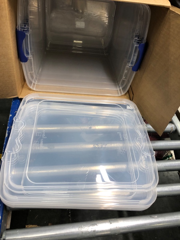 Photo 3 of ** SOME ** ARE **BROKEN**  HOMZ 31 Quart Clear Plastic Modular Storage Bins, Secure Latching Lid, Easy Grip Handles, Stackable and Nestable, Home Organization, Pack of 4 Large Tote Containers Blue 31 Quart 31 Quart (4 Pack)