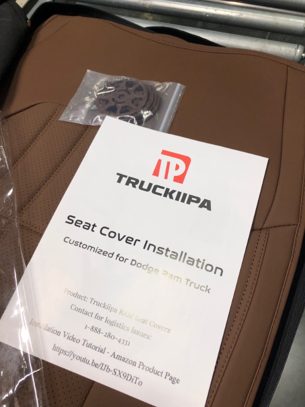 Photo 3 of Truckiipa Dodge Ram 2 Front Seat Covers Custom Fit for 2002-2023 1500 2500 3500 Pickup Crew Double Quad Cab Laramie Big Horn Full Coverage Waterproof Leather Truck Seat Protectors, Brown Front Set/Brown A:Concave Front+Short Middle Rear