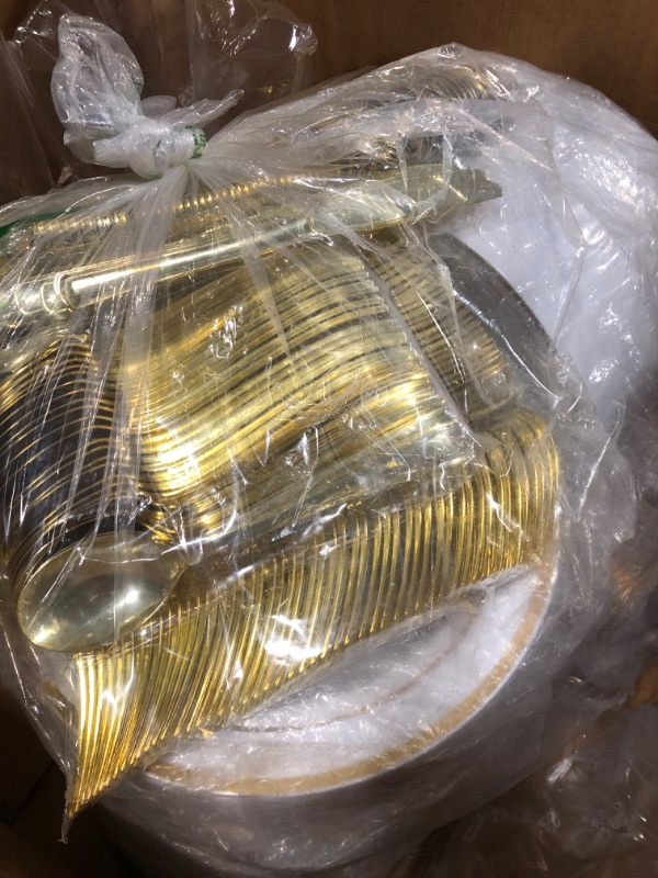 Photo 3 of 350 Piece MCIRCO Gold Dinnerware Set - 100 Gold Rim Plastic Plates - 50 Gold Plastic Silverware - 50 Gold Plastic Cups - 50 Linen Like Gold Paper Napkins, 50 Guest Disposable Gold Dinnerware Set