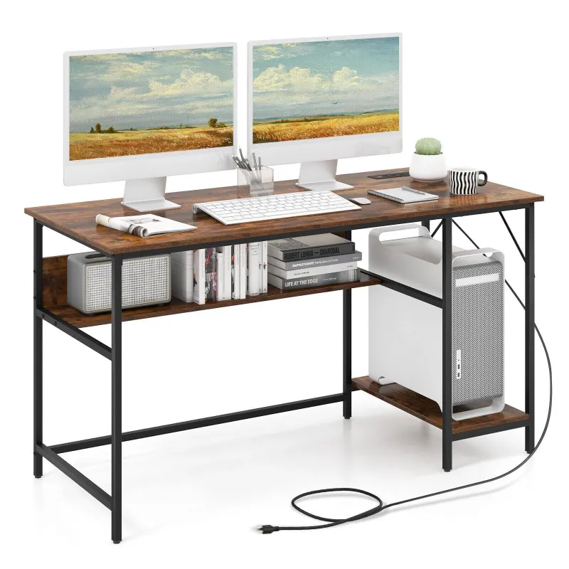 Photo 1 of 55 Inches Computer Desk with Charging Station-Brown | Costway
