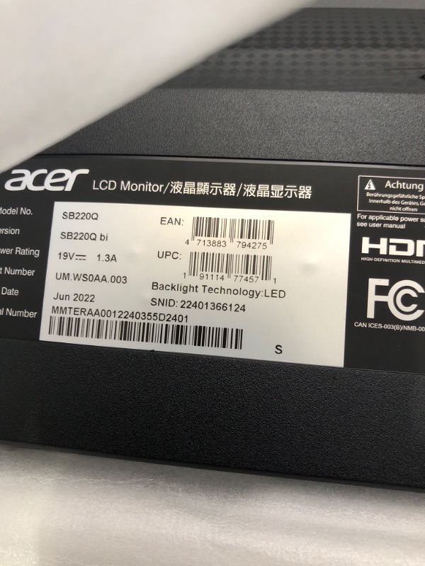 Photo 4 of Acer 21.5 Inch Full HD (1920 x 1080) IPS Ultra-Thin Zero Frame Computer Monitor (HDMI & VGA Port), SB220Q bi