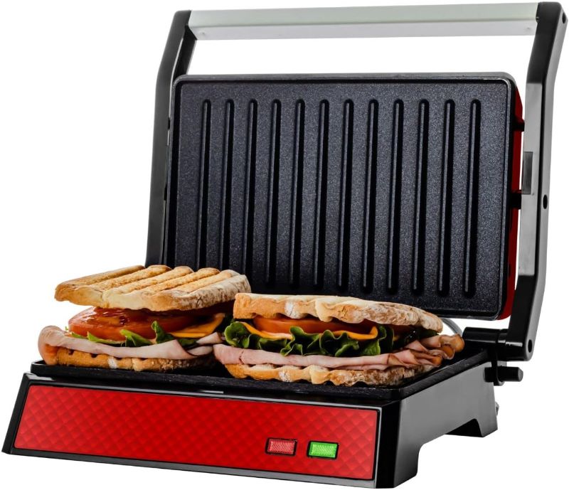 Photo 5 of ***DAMAGED****OVENTE Electric Panini Press Sandwich Maker with Non-Stick Coated Plates, Opens 180 Degrees to Fit Any Type or Size of Food, 1000W Indoor Grill Perfect for Quesadillas, Burgers & More, Red GP0620R