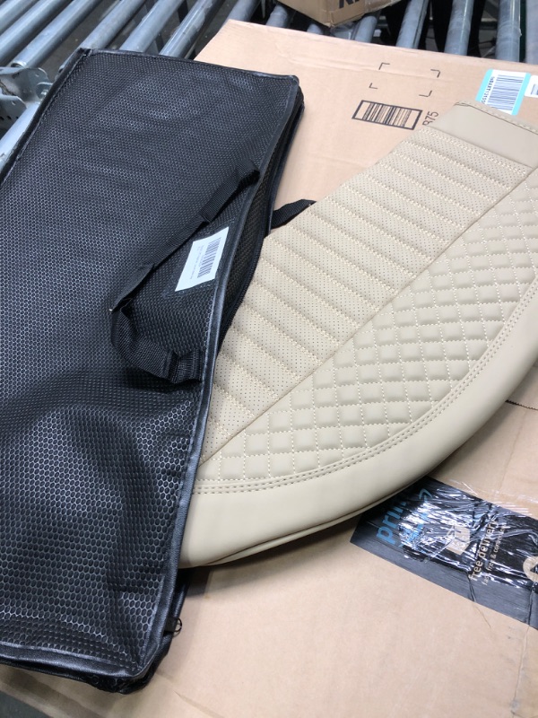 Photo 2 of TIEHESYT 1PCS Nappa Leather Covers for Cars, Stripe-Shaped Car Seat Cover Front Bottom Protector, Seat Cushion Without Backrest, Anti-Slip and Wrap Around The Bottom Fit Most Cars and Vehicles, Beige Beige Stripes 1 PCS