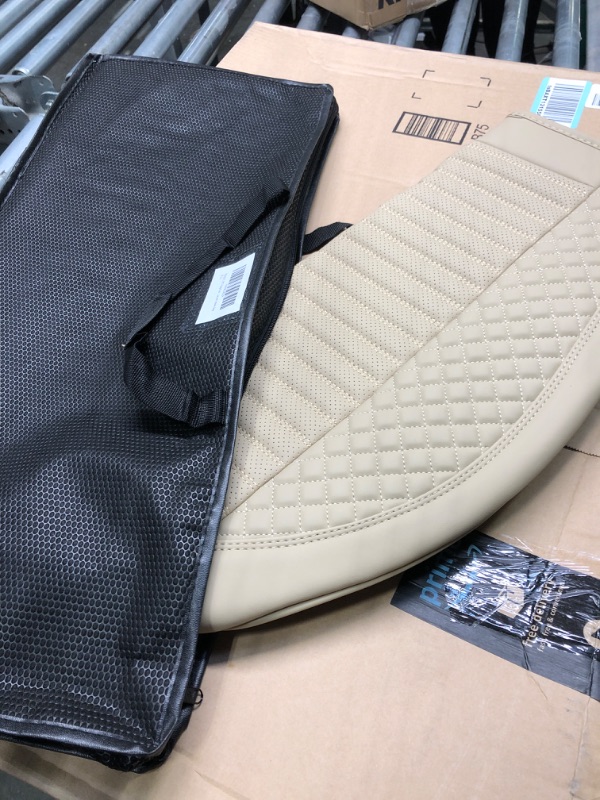 Photo 1 of TIEHESYT 1PCS Nappa Leather Covers for Cars, Stripe-Shaped Car Seat Cover Front Bottom Protector, Seat Cushion Without Backrest, Anti-Slip and Wrap Around The Bottom Fit Most Cars and Vehicles, Beige Beige Stripes 1 PCS
