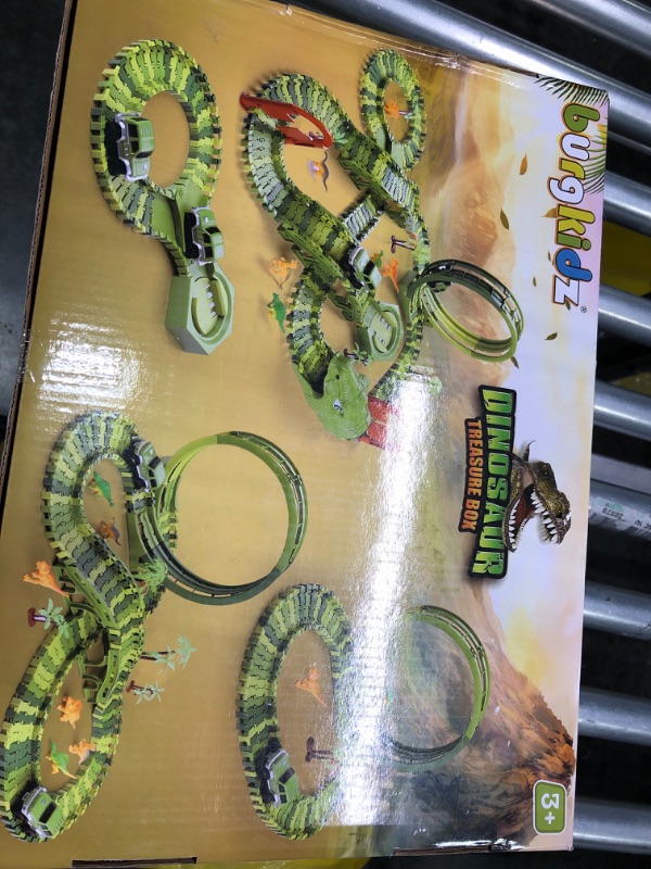 Photo 2 of Dinosaur Race Car Track Toys, 400 pcs Create Dinosaur World Road Race, Flexible Tracks with 360 Loop and Auto Turntable Playset, 2 Cars, 2 Dinosaur Head, Gift for Kids Ages 3 4 5 6 Year Old Boys Girls 400 Pieces