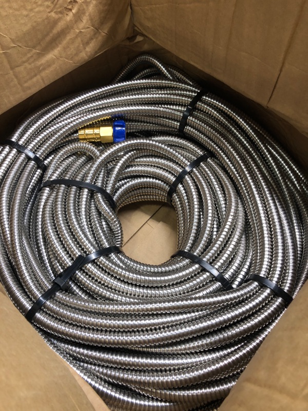 Photo 3 of Tardigrade Steel Hose - Short Garden Hose 3 FT - Made of Metal - Heavy Duty Stainless Steel - Outdoor Water Hoses, Flexible, Lightweight, Brass, Dog Chew Crush Proof, No Kink, Durable Lawn Tool 3FT