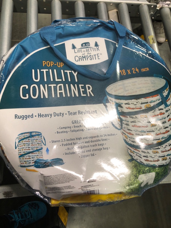 Photo 2 of Camco Life Is Better at the Campsite Camper/RV Pop-Up Utility Container | Features Multi-Color Camping Themed Design & Holds 30-Gal. Kitchen-Size Trash Bags | Includes Heavy-Duty Stake (42986) Large Multi-RV