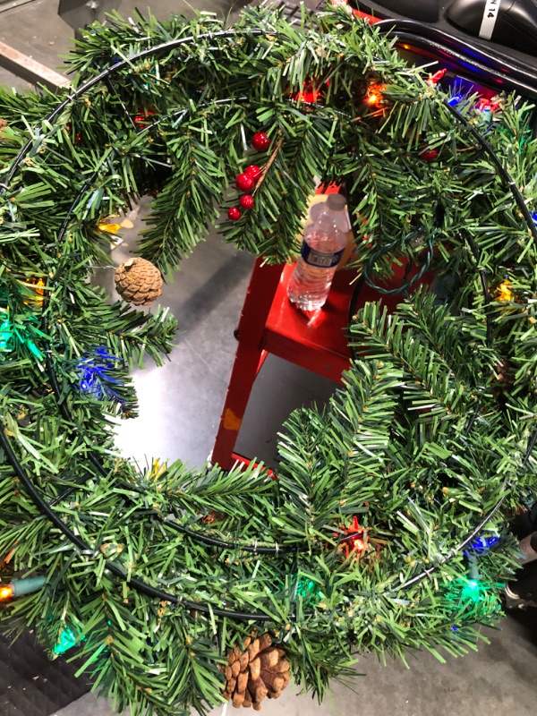 Photo 2 of **tested functional** 24" Christmas Wreath with 50 Count Multicolor Lights, Lighted Artificial Holiday Wreath with UL Listed Plug-in LED String Lights, Red Berries, Natural Pine Cones (Multicolor Lights)