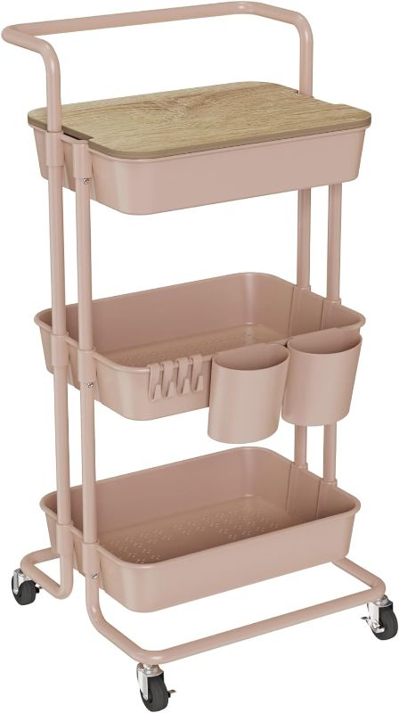 Photo 1 of DTK 3 Tier Utility Rolling Storage Cart with Cover Board, Handle and Locking Wheels, 2 Small Baskets and 4 Hooks for Bathroom Office Balcony Living Room( PINK)