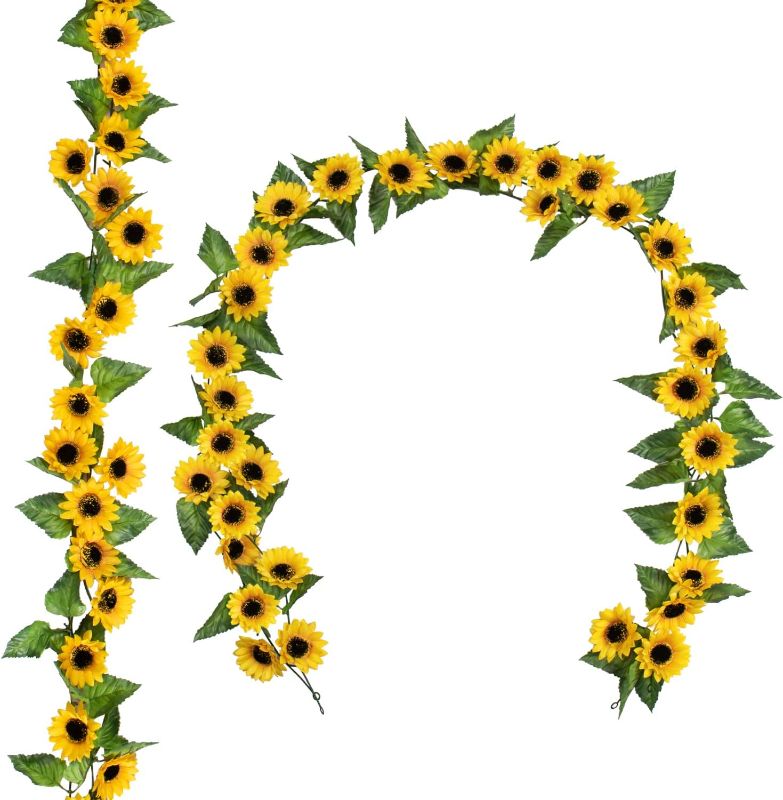 Photo 1 of DILATATA 2 Pack Artificial Sunflower Garland 6ft Silk Hanging Sunflowers Vine Fake Yellow Flowers with Green Leaves for Home Birthday Wedding Garden Party Decor