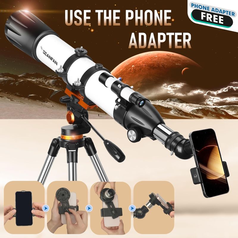 Photo 1 of ** FOR PARTS** Dianfan Telescope,90mm Aperture 800mm (32X-240X) Telescopes for Adults Astronomy,Portable Professional Refractor Telescope for Beginners & Kids,with AZ Mount Stainless Tripod & Phone Adapter,Carry Bag