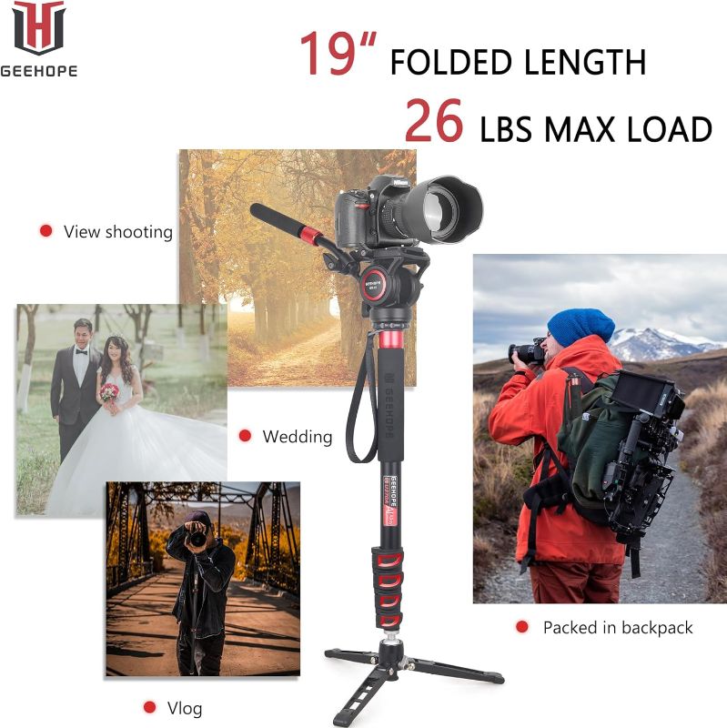 Photo 1 of Camera Monopod 66in/168cm Aluminum Alloy 5-Section Leg Professional Video Stand for Canon Nikon GoPro DSLR DV Video Camcorder, Max Load 26.5lb/12kg, GEEHOPE U370A 32mm tube