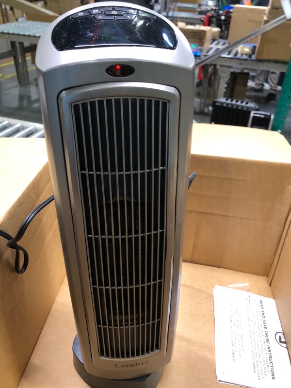 Photo 2 of Lasko Oscillating Digital Ceramic Tower Heater for Home with Adjustable Thermostat, Timer and Remote Control, 23 Inches, 1500W, Silver, 755320, 8.5?L x 7.25?W x 23?H, Silver