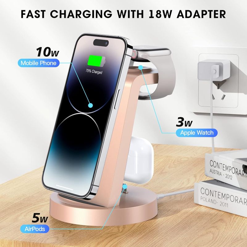 Photo 1 of 3 in 1 Charging Station for iPhone, Wireless Charger for iPhone 15 14 13 12 11 X Pro Max & Apple Watch - Charging Stand Dock for AirPods 3/2/1/Pro
