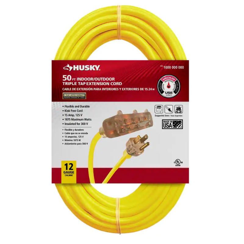 Photo 1 of Husky 50 ft. 12/3 Lighted Triple Tap Extension Cord 6pk